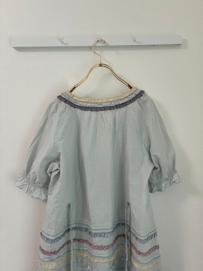 PINK HOUSE スクエアネック フリル ブラウス ライトブルー 半袖シャツ