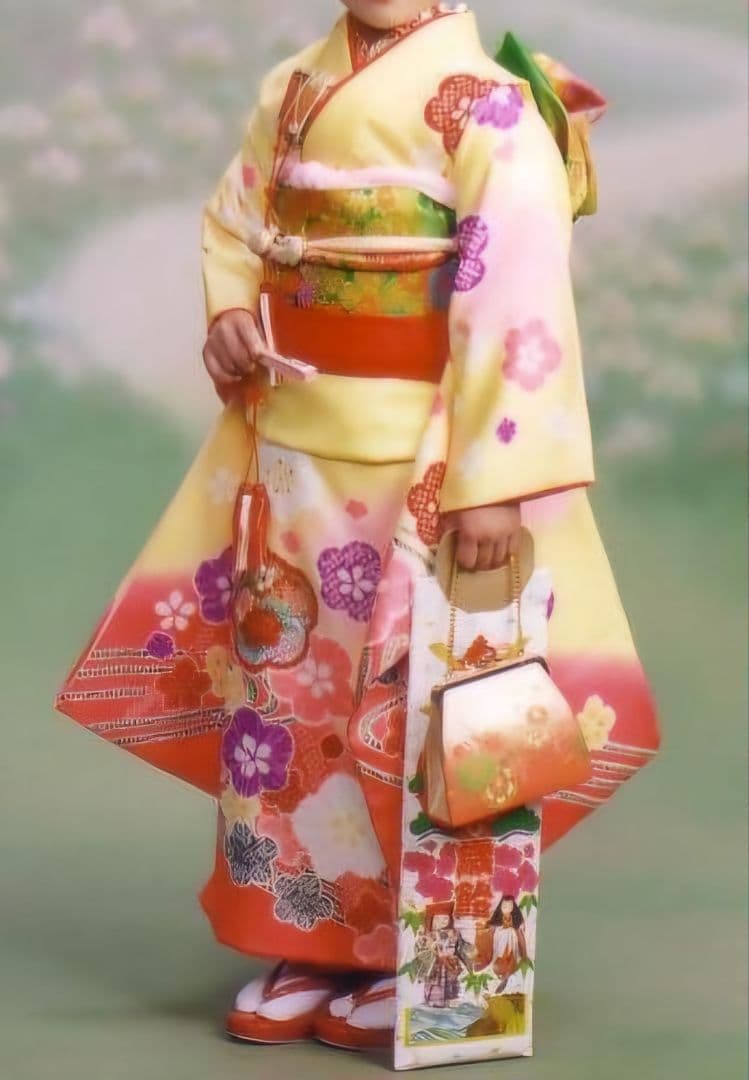 未使用に近い フルセット 七五三着物 七歳祝着(クリーム地金彩梅柄)