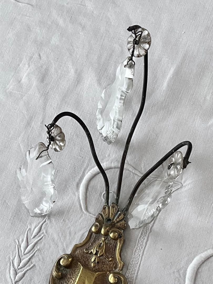 【美品】フランスアンティーク クリスタルドロップ 2灯ブラケット[2409]