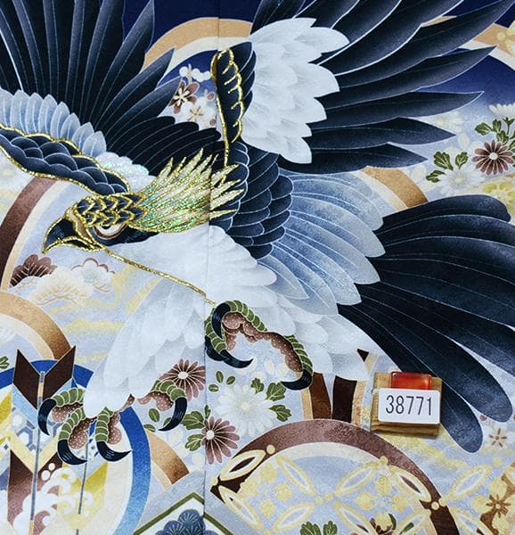 七五三 五歳 男児 羽織袴フルセット L寸 濃紺地 鷹 袴変更可 NO38771