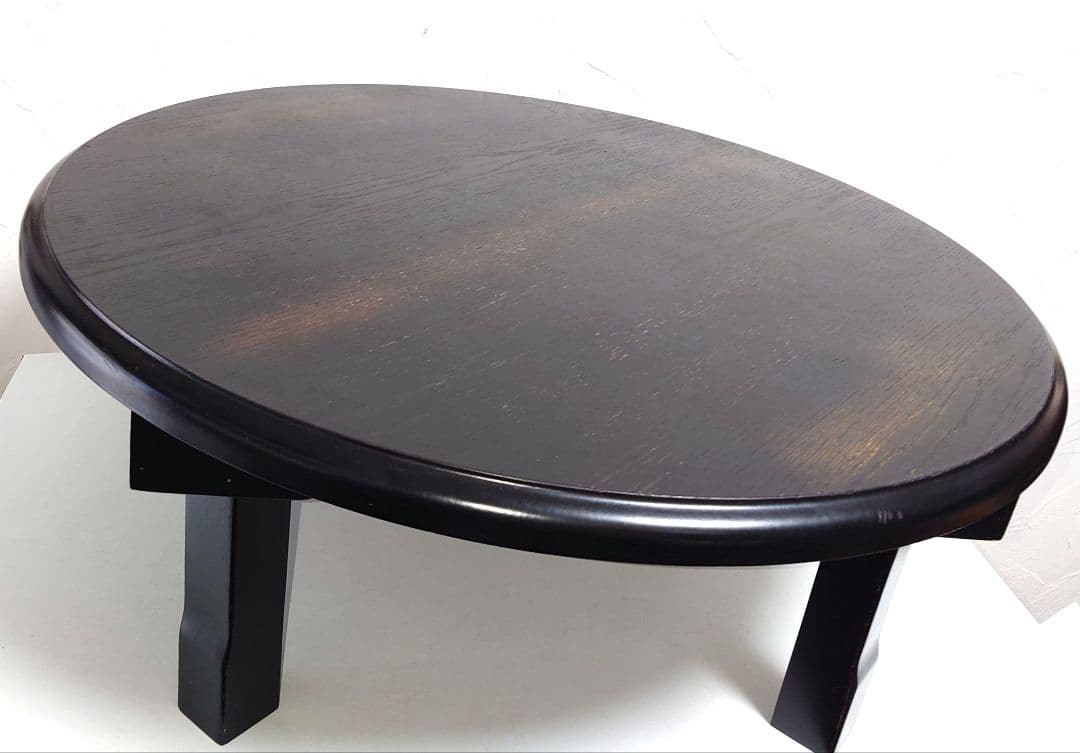 天然木製 折り畳みちゃぶ台 円卓 ローテーブル 楕円形座卓 卓袱台 昭和レトロ黒