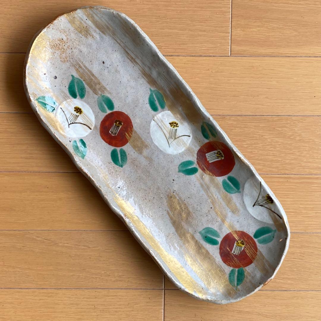 美品★ 金彩椿　オーバル　長皿　ダ円長皿 蔵珍窯　美濃焼　魯山人　椿