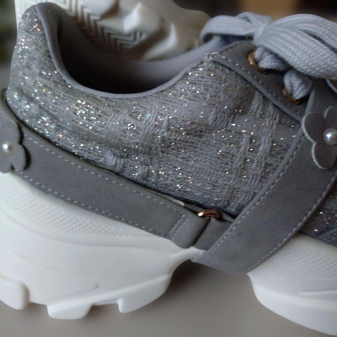 【専用】ESPERANZA 厚底スニーカー ツイード グレー フラワーベルト