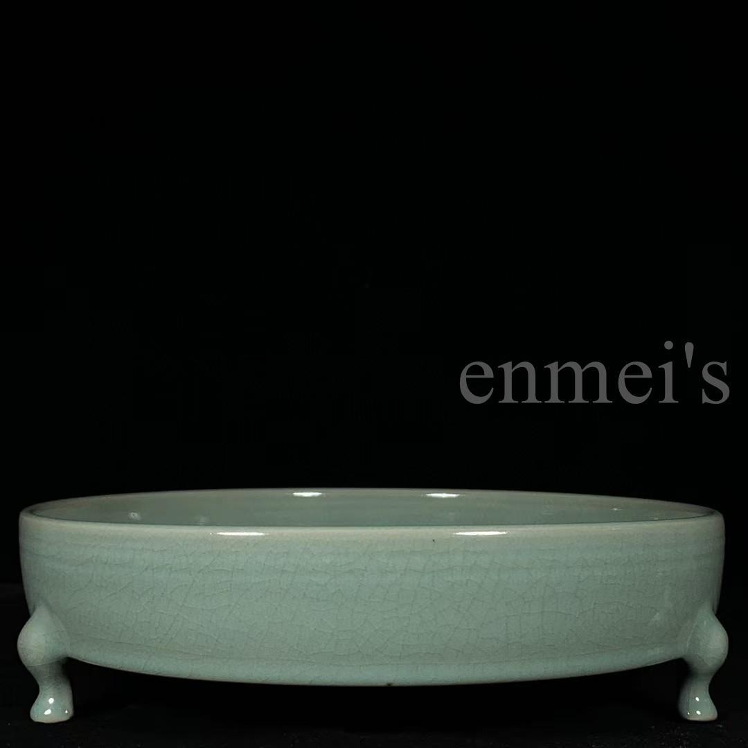 中国古美術・珍品旧蔵・宋代汝窯銘文刻仕女圖三足洗・陶磁・金彩・文房置物・風水開運