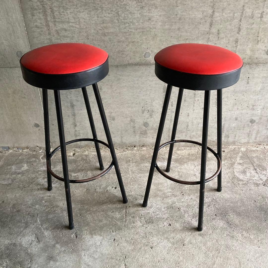 ハイスツール 丸椅子 チェア 鉄脚 アイアン 食堂 赤黒 2脚 ポップ レトロ