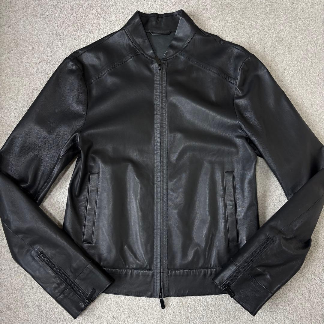美品 エンポリオアルマーニ 黒タグ ラムレザージャケット ライダース シングル