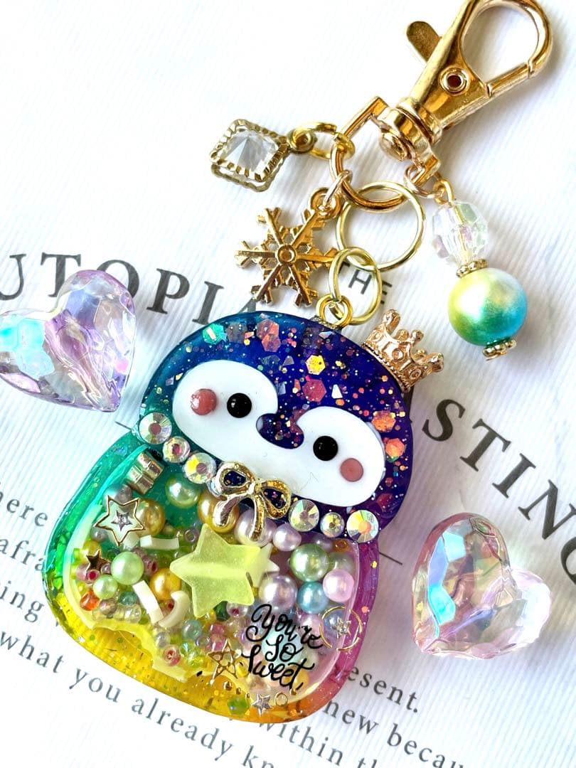 シャカシャカキーホルダー　レインボークラウン✳︎ペンギンシェイカー