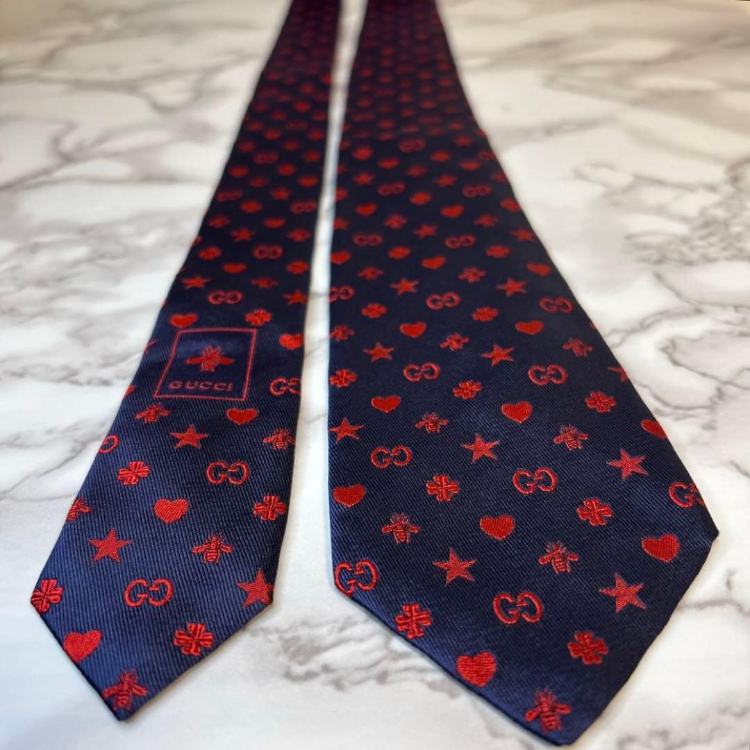 【極美品✨】GUCCI ネクタイ　ネイビー　レッド　ビー　蜂　GG 赤　紺　刺繍