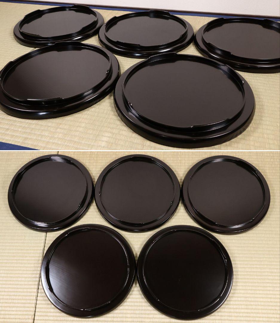 輪島塗 本堅地 黒塗 縁青漆 足付 丸膳 37.8cm 五客 木製【CM383