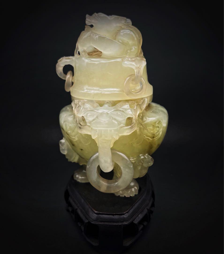 中国美術 古玩 龍紋獸足香壚 青玉香爐 香道具 台座付き