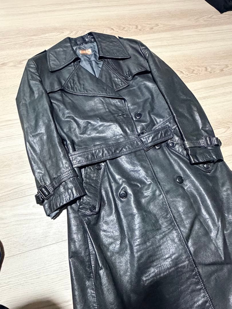 古着 ヴィンテージ レザートレンチコート 本革 黒 ロング丈 マキシ丈