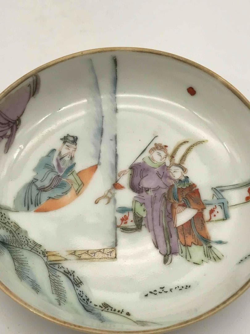 清同治時代 【同治年製 】在銘 粉彩三星人物文盤一対 人物物語文皿 (C-50)