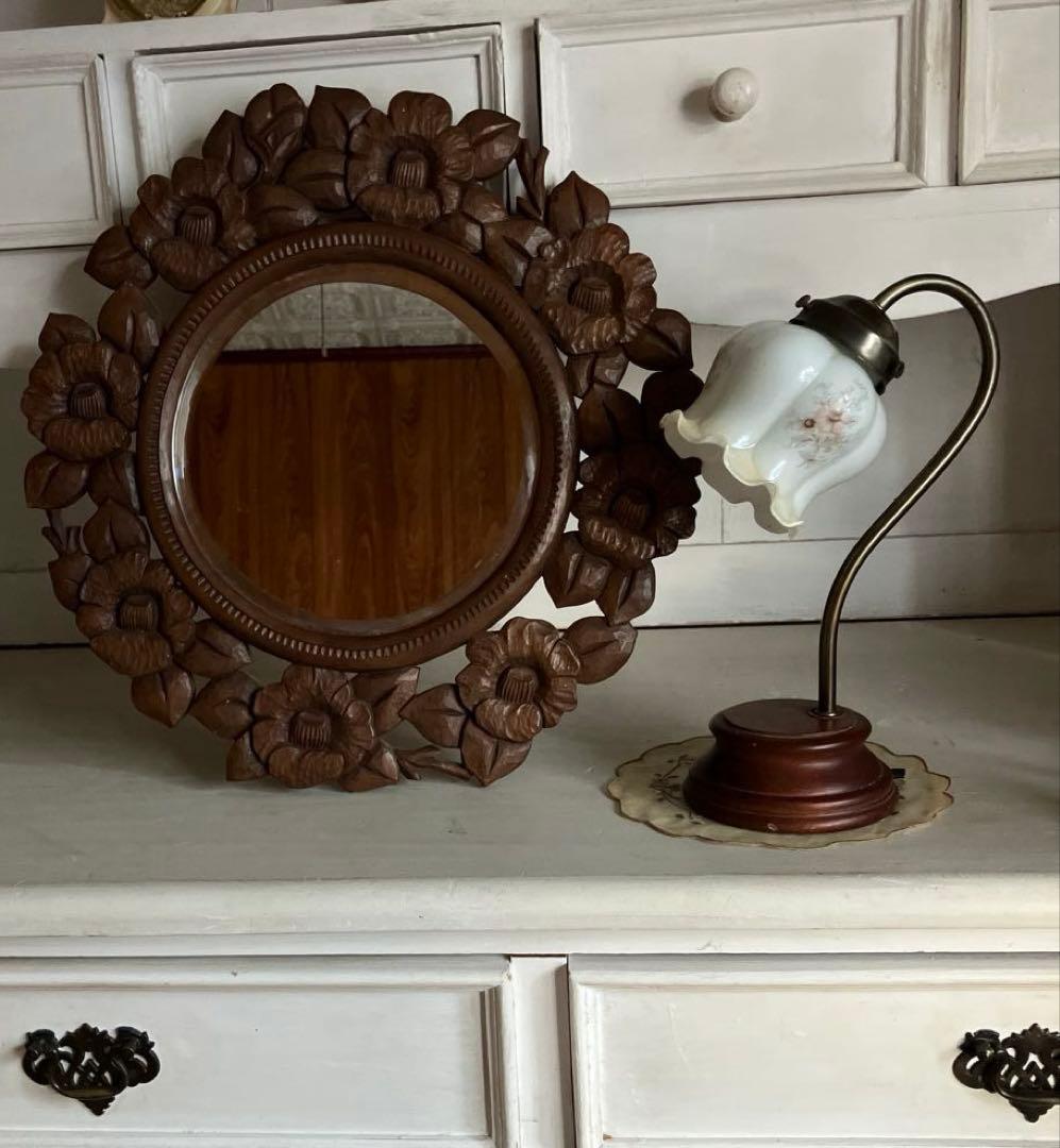 アンティーク　花の装飾 木製鏡 直径約43cm