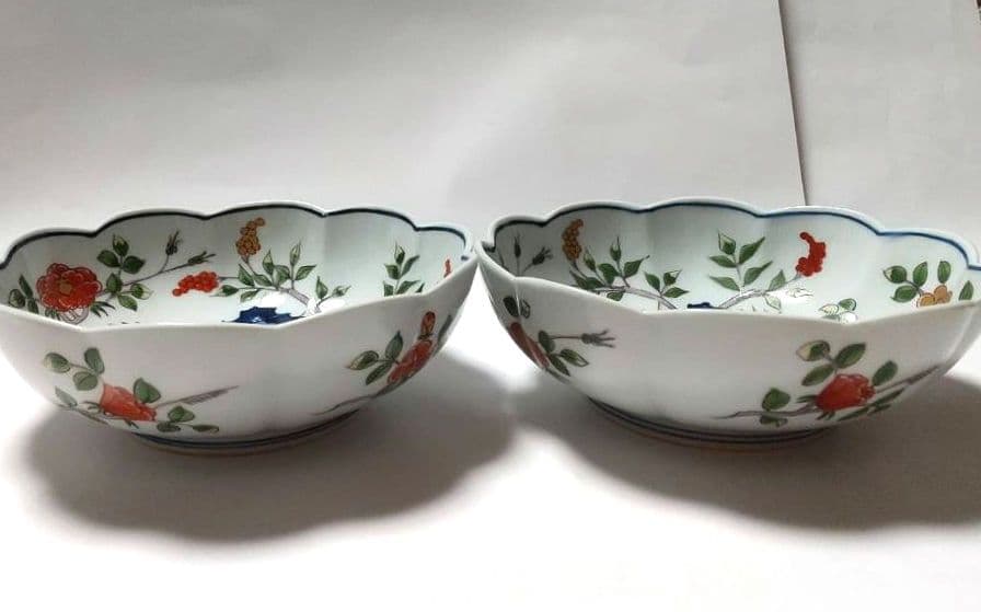 源右衛門窯 染錦草花文 向付け 鉢 猪口 2客組 未使用品