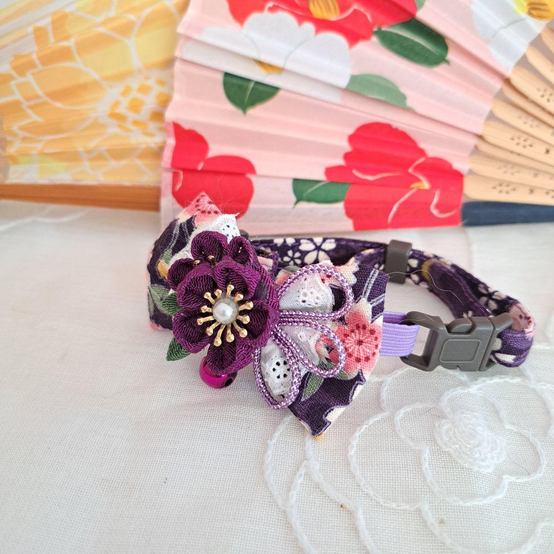 つまみ細工シングルリボン(濃紫)わんちゃん猫ちゃん用首輪