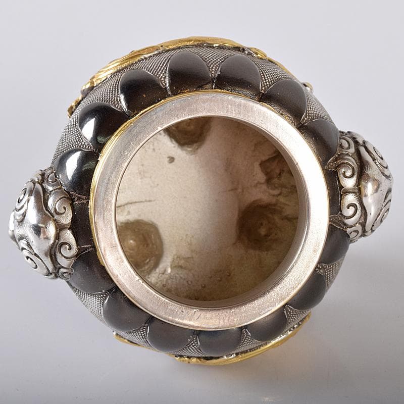 専用　高岡銅器　八代住　釘谷洞石作銀製獅子龍香炉約260g　共箱　L　R8429