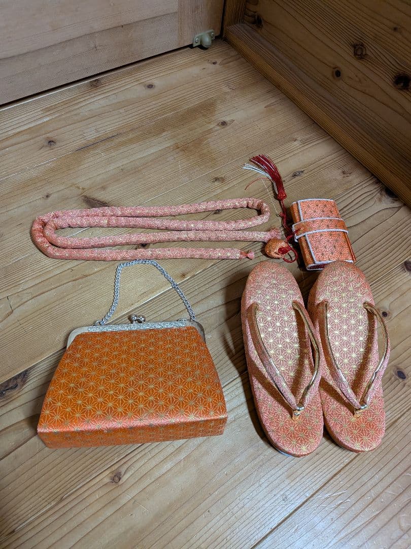 新品　七五三　オレンジ　バッグ　草履　セット　帯