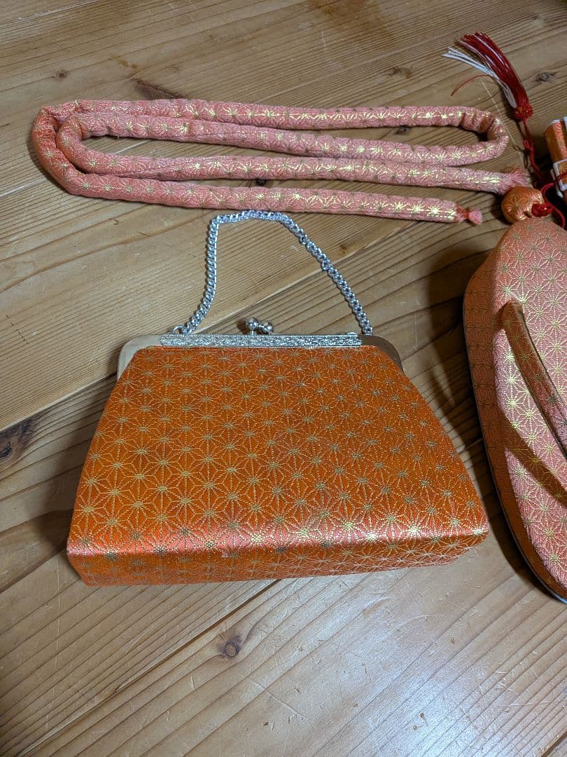 新品　七五三　オレンジ　バッグ　草履　セット　帯