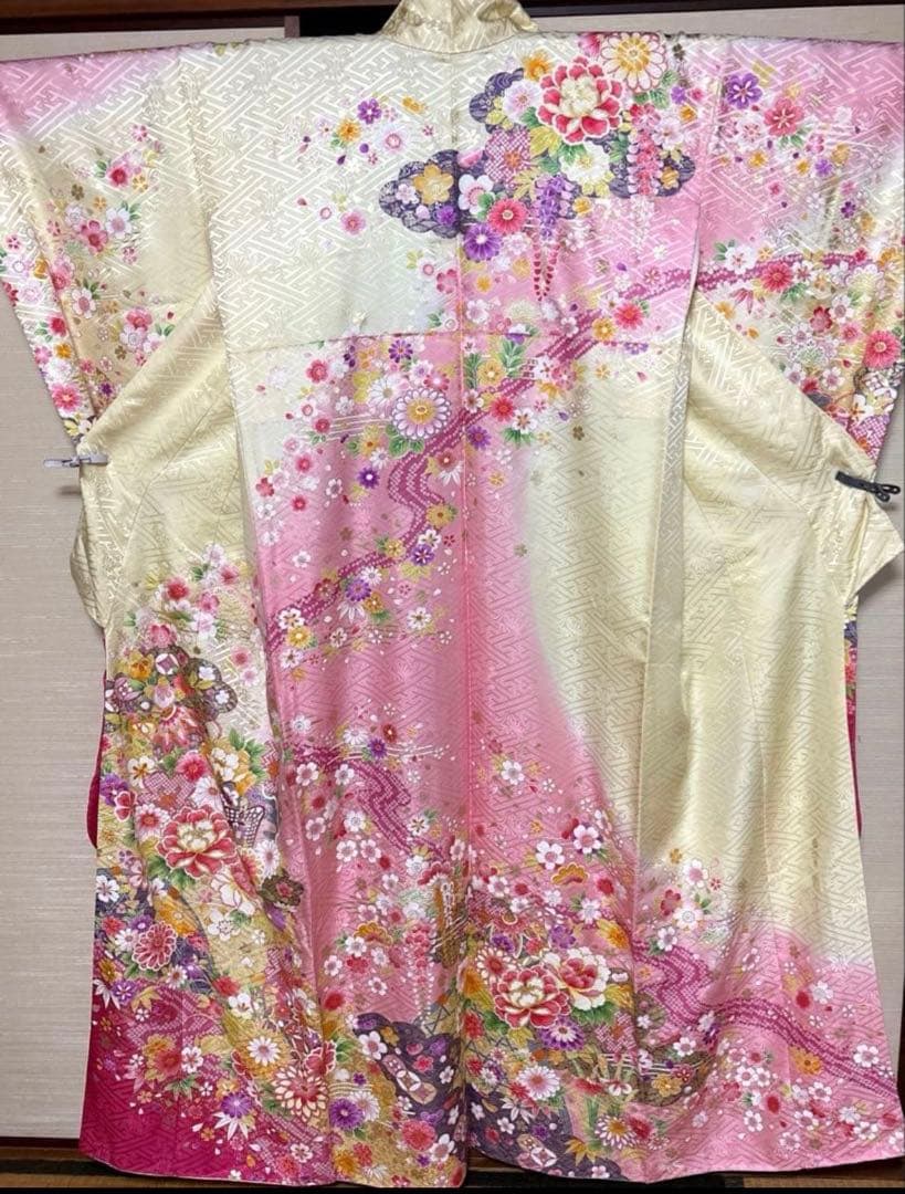 女郎花色 花々柄 振袖 身丈159