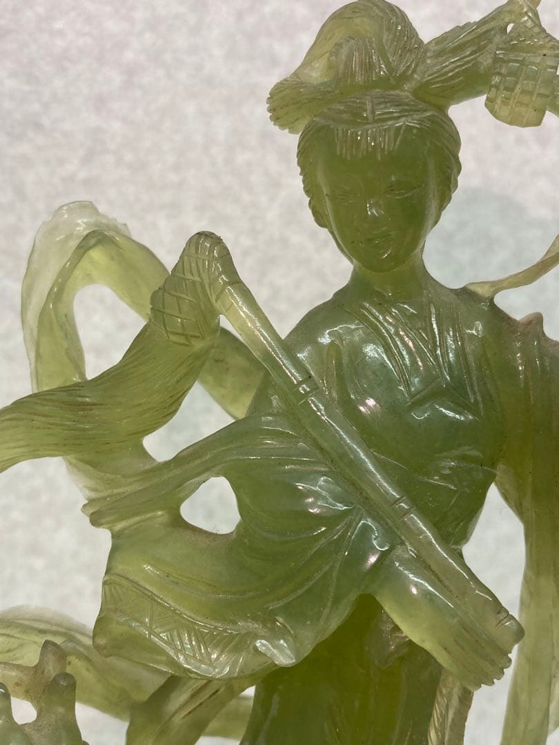 中国古美術 岫玉雕 仙女像 鹿 翡翠 彫刻 置物