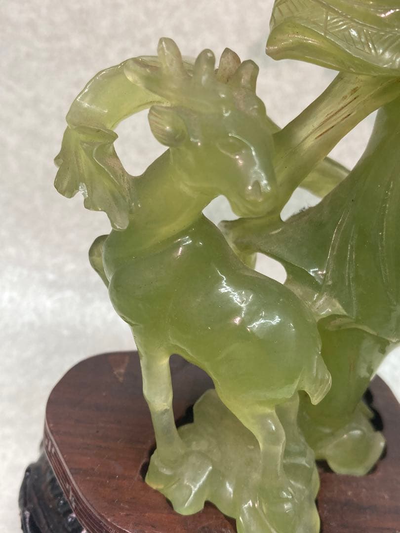 中国古美術 岫玉雕 仙女像 鹿 翡翠 彫刻 置物