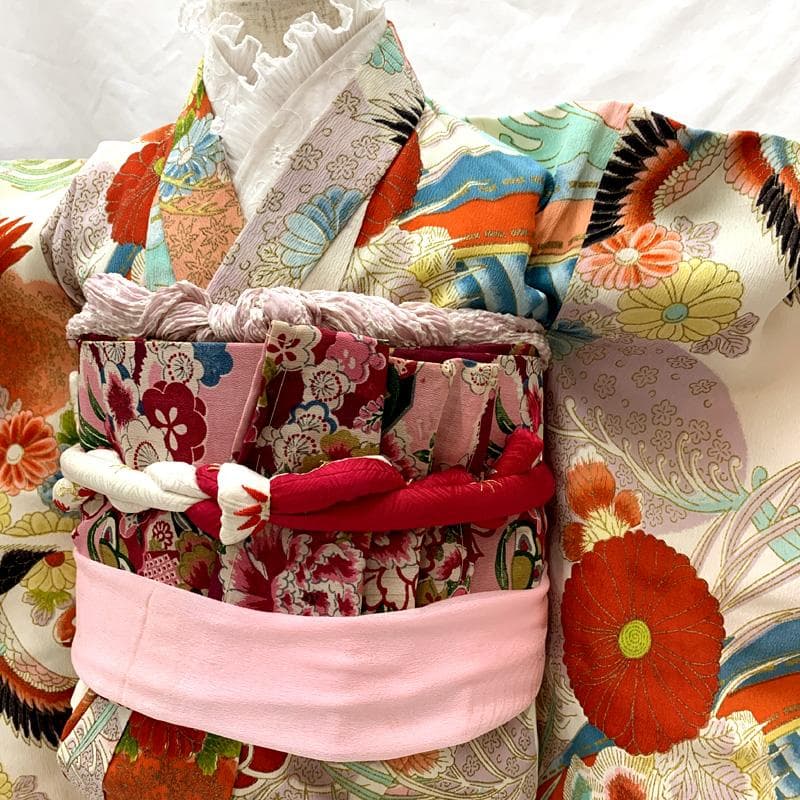 601ag7□七五三 三歳 セミアンティーク女児 着物&帯 鶴 菊 白淡紫□美品