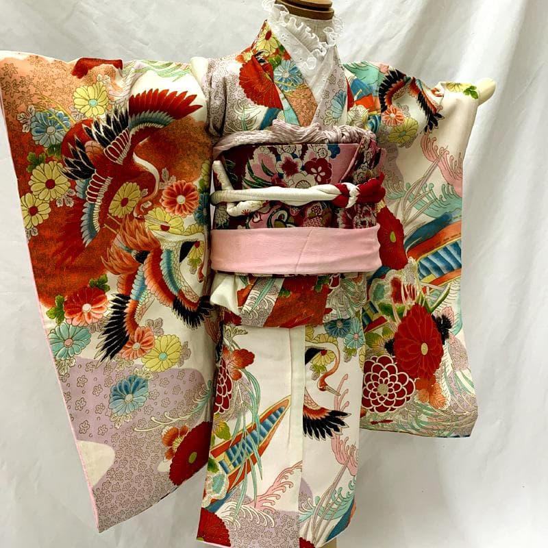601ag7□七五三 三歳 セミアンティーク女児 着物&帯 鶴 菊 白淡紫□美品