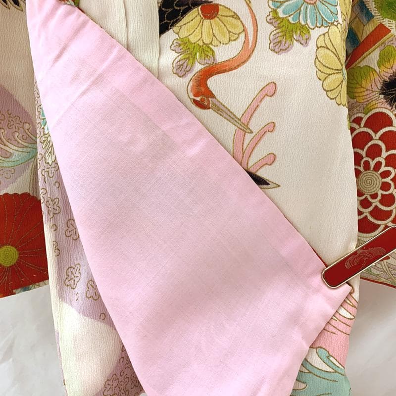 601ag7□七五三 三歳 セミアンティーク女児 着物&帯 鶴 菊 白淡紫□美品