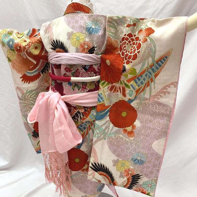 601ag7□七五三 三歳 セミアンティーク女児 着物&帯 鶴 菊 白淡紫□美品