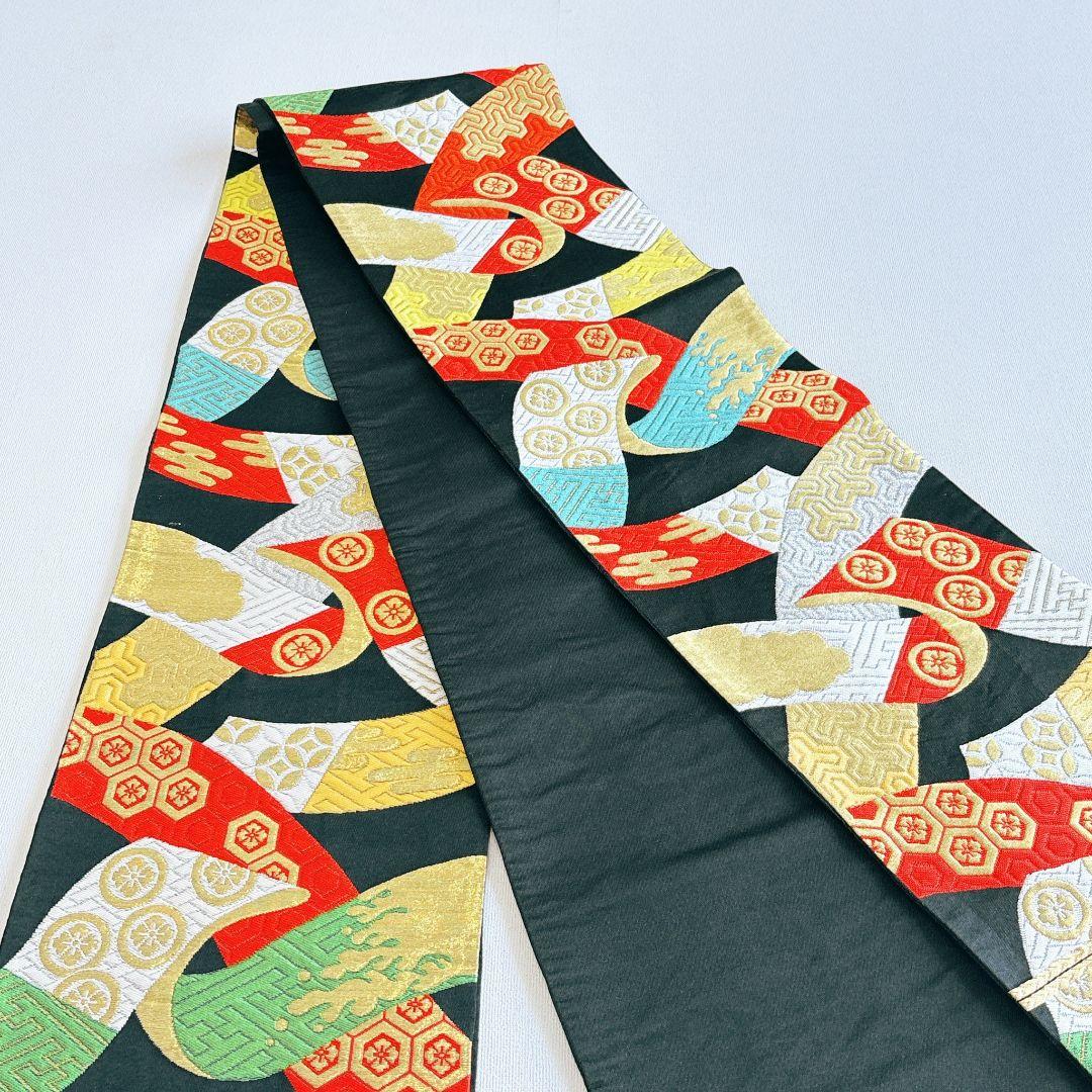 フルセット　七五三　7歳女の子　しぼり柄　鶴　流水　黒袋帯　刺繍　7065