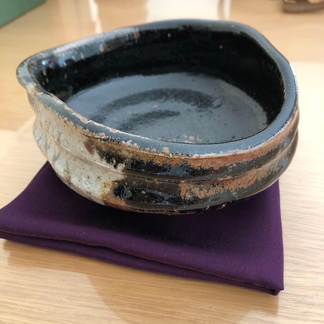 茶道具骨董品　江戸時代　黒織部沓形茶碗