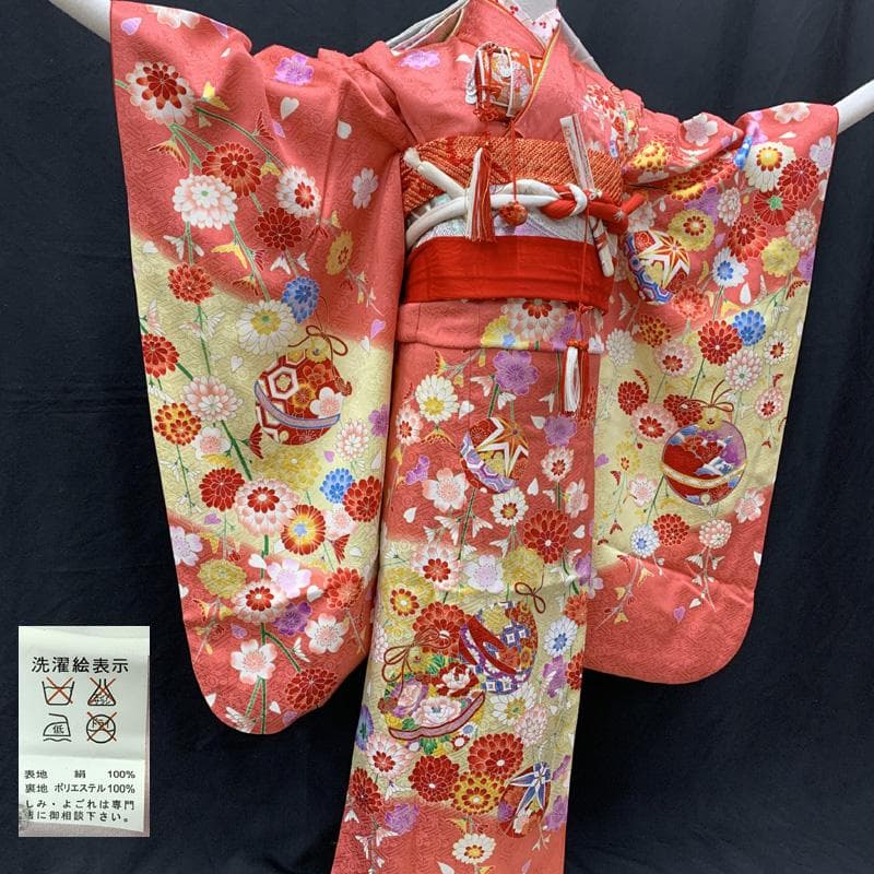 512ag24□七五三 七歳 女児 着物&袋帯 金彩 花 鈴 毬 ピンク□美品