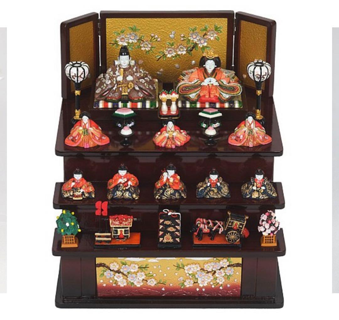 値下げ中！ミニ雛人形 三段十人飾り 茶 ケース付き 【全て新品未開封】