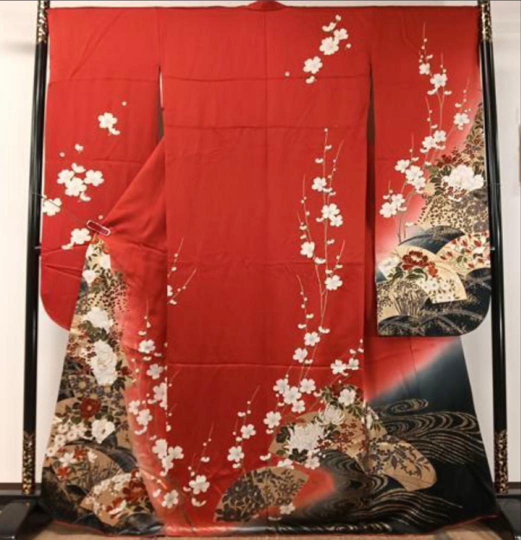 振袖フルセット6点サイズM〜Ｌ駒刺繍　流水地紙花文　暈し染め　金彩　正絹