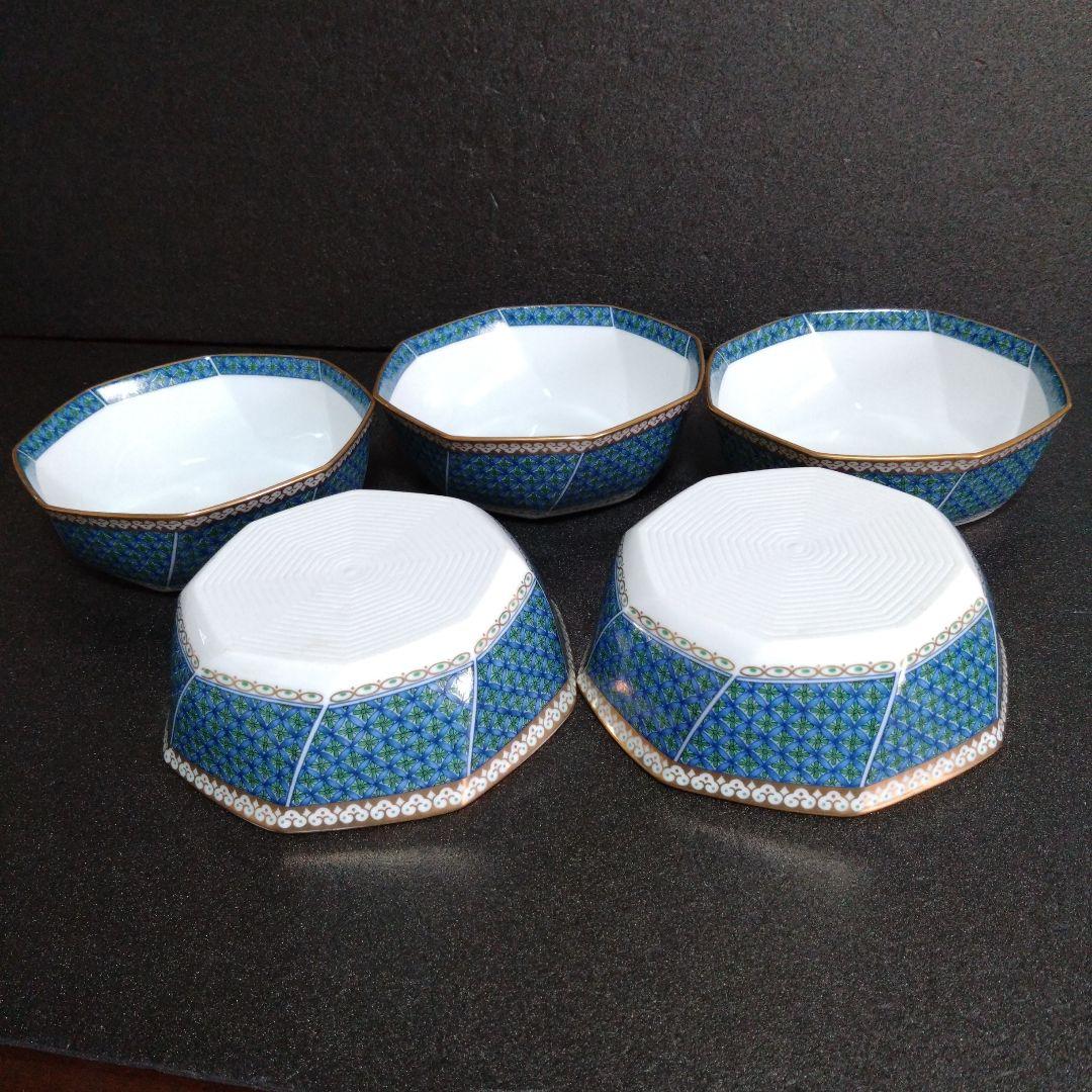 未使用 有田焼 龍峰窯 金彩七宝 捻り 八角中鉢5個　お祝い