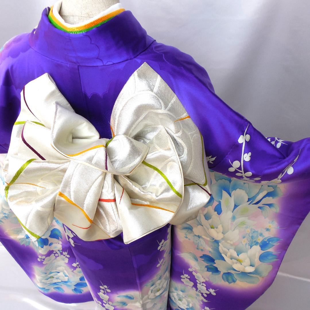 美品★振袖フルセット　正絹　振袖　７点　成人式　Sサイズ　パープル系　紫　花柄