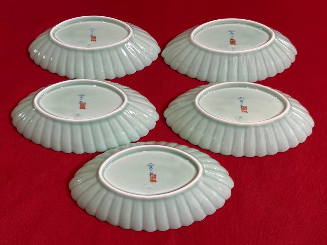 希少な形★未使用　深川製磁　百年庵　笹青磁　菊割　オーバル皿　美品