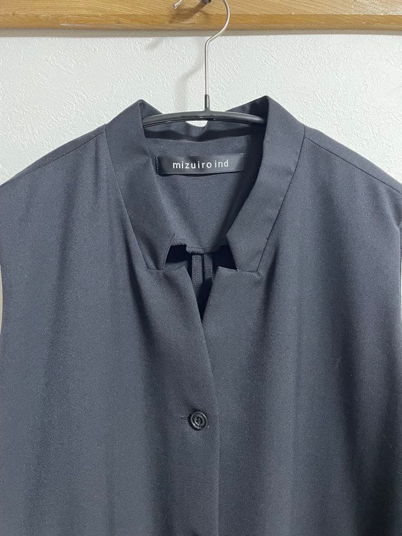 mizuiroind /スタンドカラーフレアワンピース/ロングジレ /黒