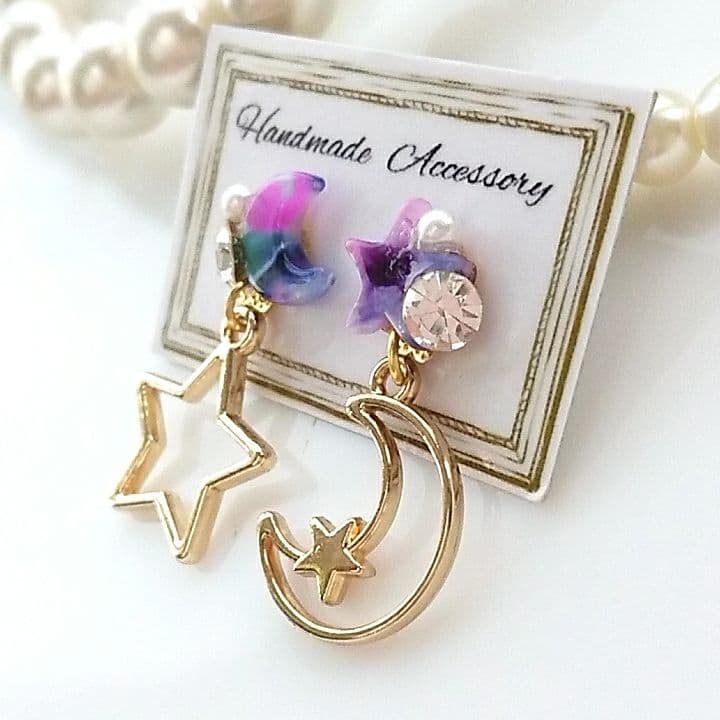 「貼るピアス専用」Z61 アシメ♪月&星ビジュー