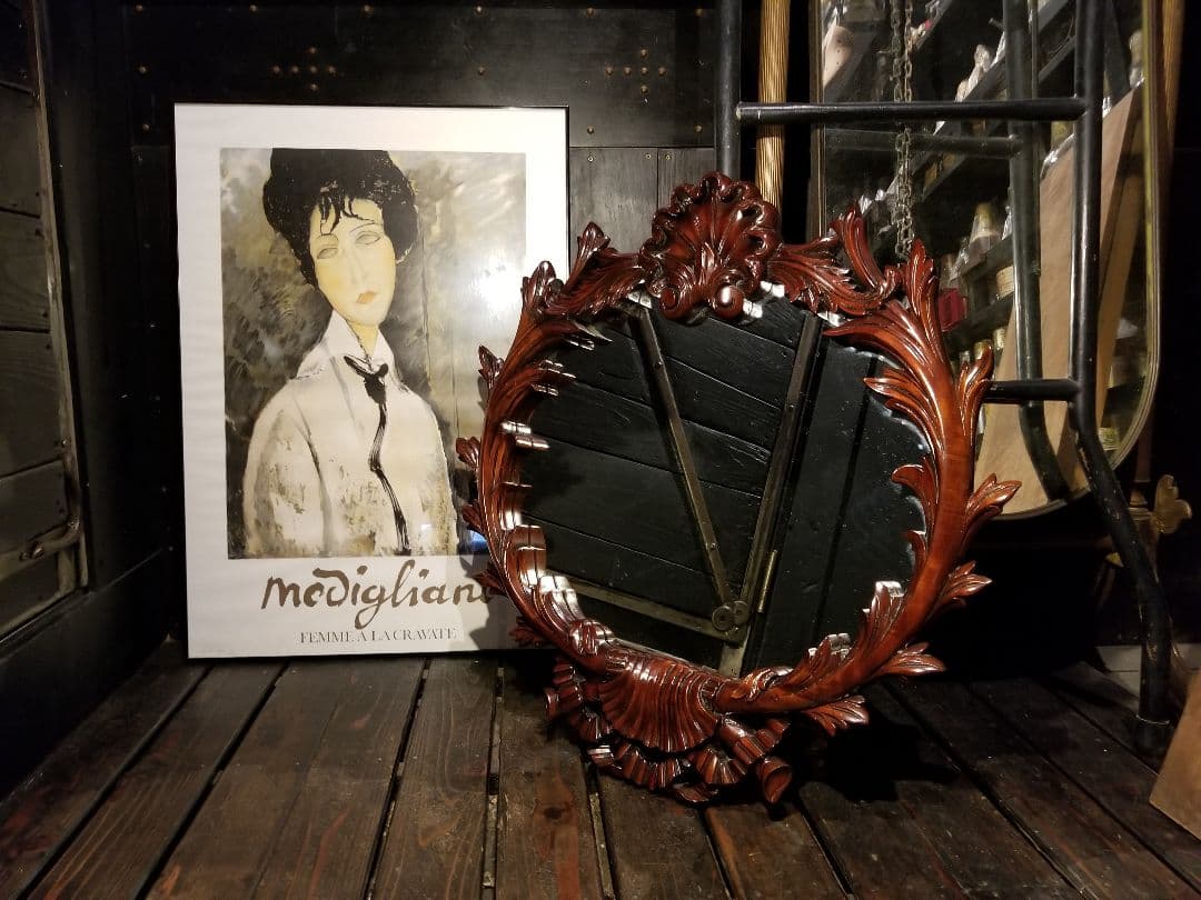 アンティーク　アメリカ製　トラッド　デザイン　リボン　シェル　ミラー　無垢　木製