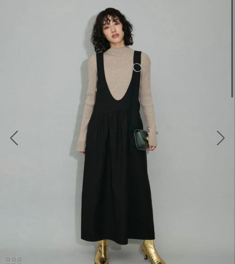 アダムエロペ サロペット フレアスカート 切り替え素材 ロング 黒 フリーサイズ