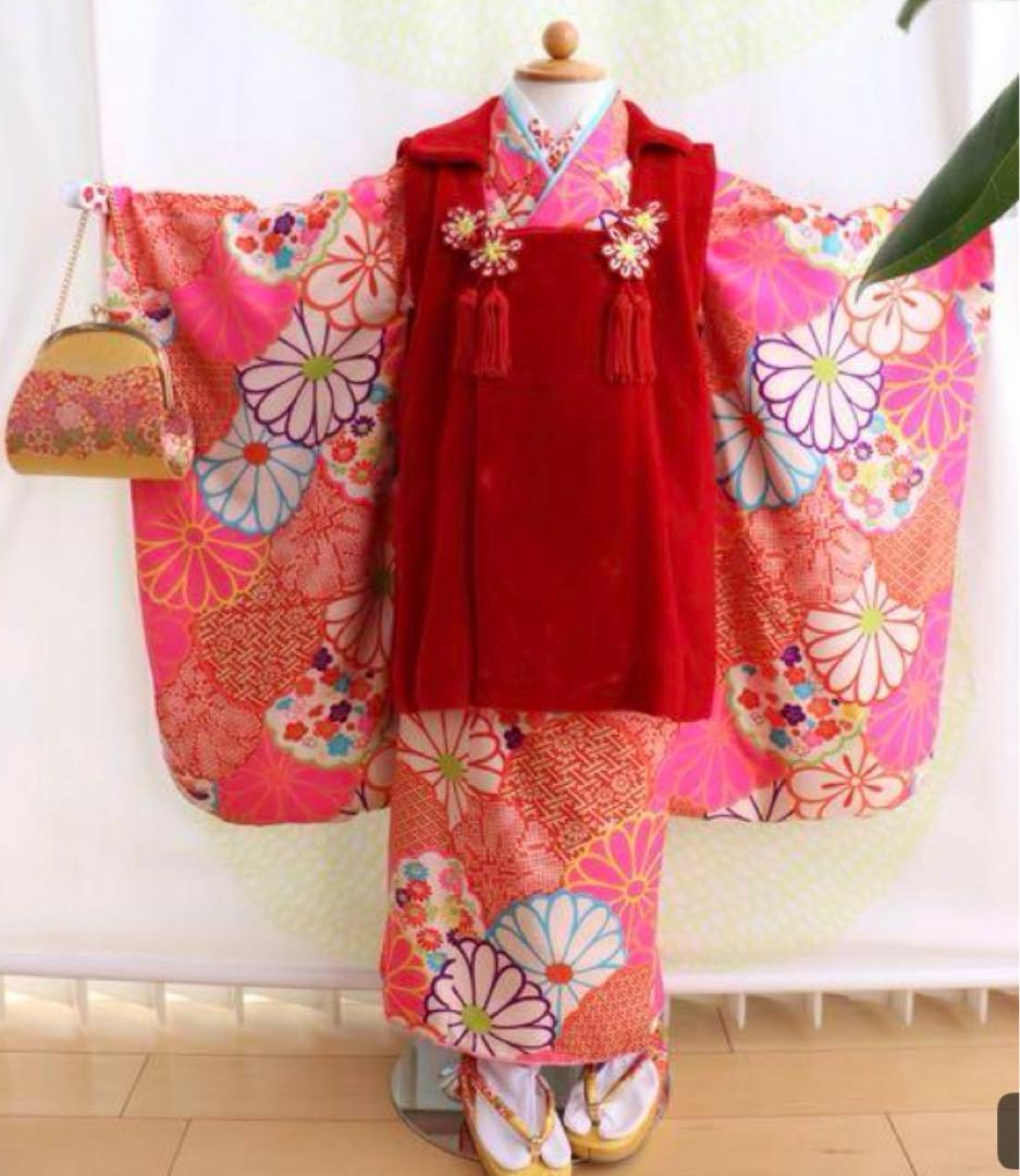 七五三 ３歳 アンティーク 菊丸紋着物 ベルベットの被布セット