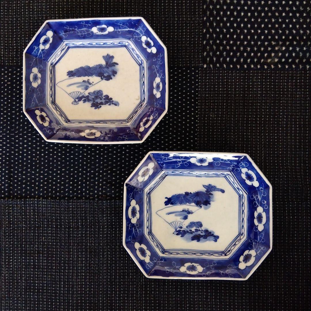 古伊万里　染付　扇面山水花文　隅切り角皿　２枚