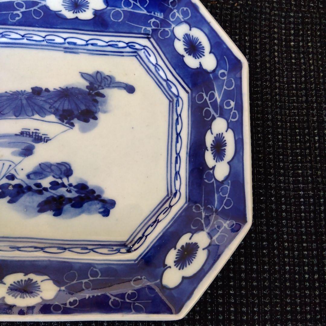 古伊万里　染付　扇面山水花文　隅切り角皿　２枚