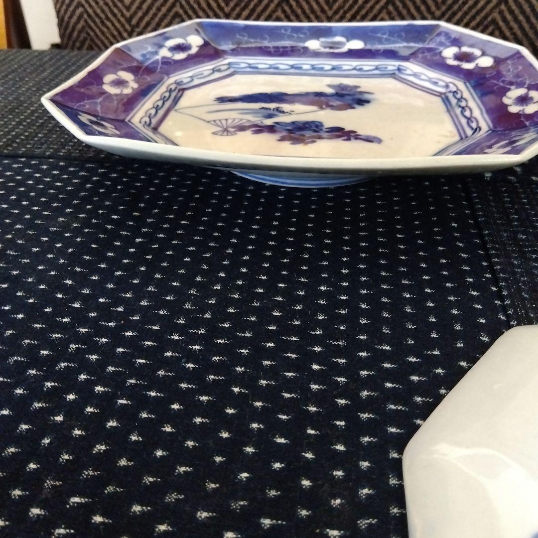 古伊万里　染付　扇面山水花文　隅切り角皿　２枚