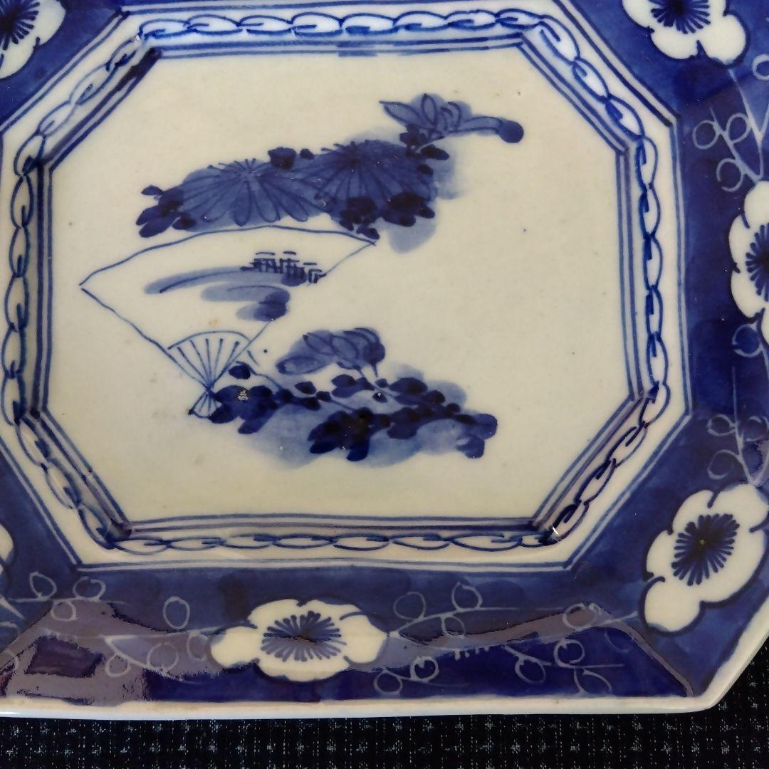 古伊万里　染付　扇面山水花文　隅切り角皿　２枚