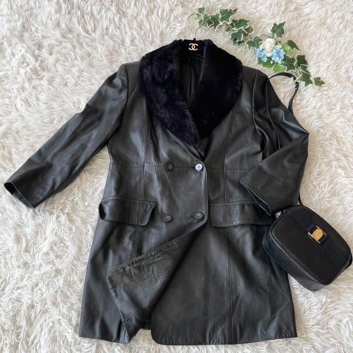 羊革 レザーコート　チェスターコート　襟フェイクファー ひざ丈 日本製　ブラック