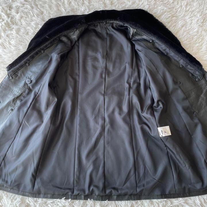 羊革 レザーコート　チェスターコート　襟フェイクファー ひざ丈 日本製　ブラック