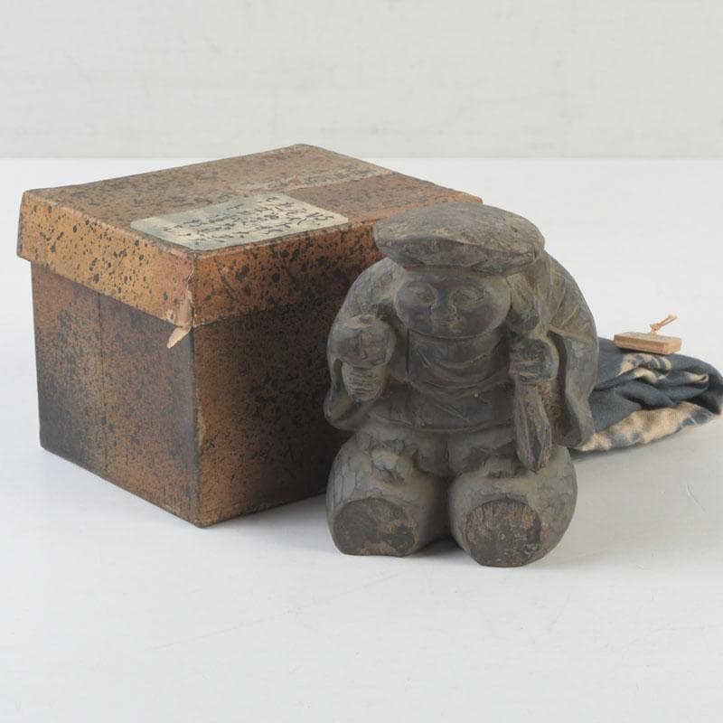 時代木彫　大黒天像　置物　書付時代箱　C　9877