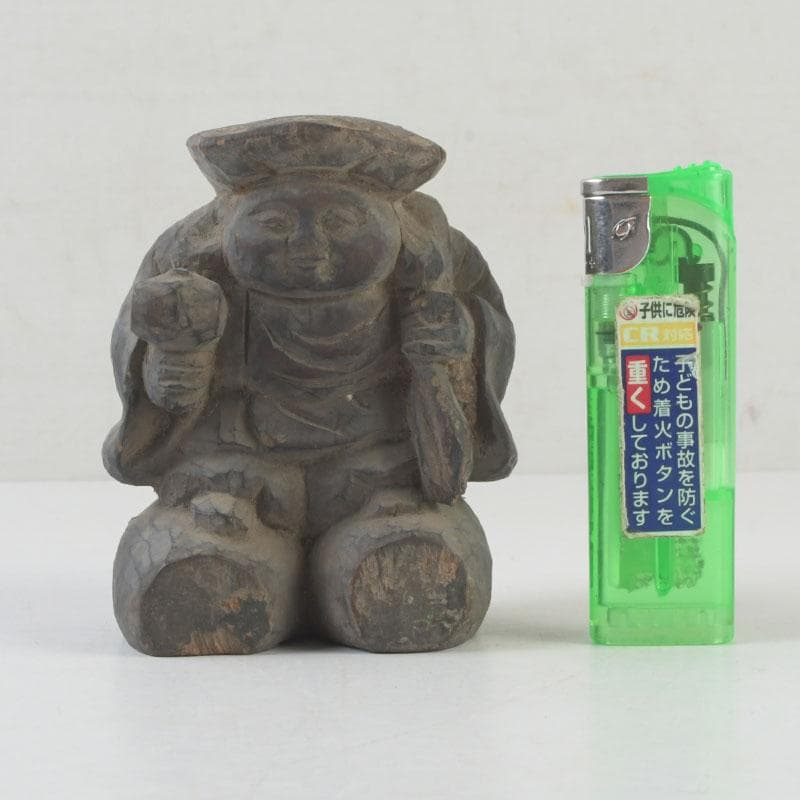 時代木彫　大黒天像　置物　書付時代箱　C　9877